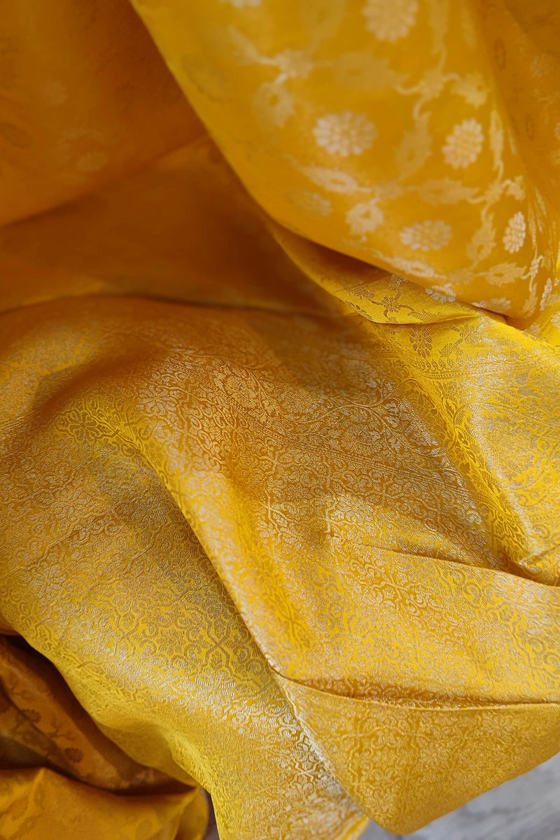 Amber Yellow Shimmer Georgette Saree With Handwork and Designer Padded Handwork Sweetheart Neck Blouse