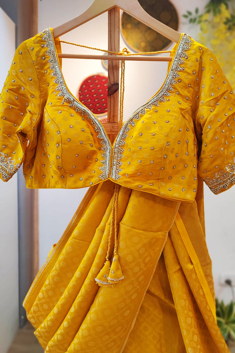 Amber Yellow Shimmer Georgette Saree With Handwork and Designer Padded Handwork Sweetheart Neck Blouse