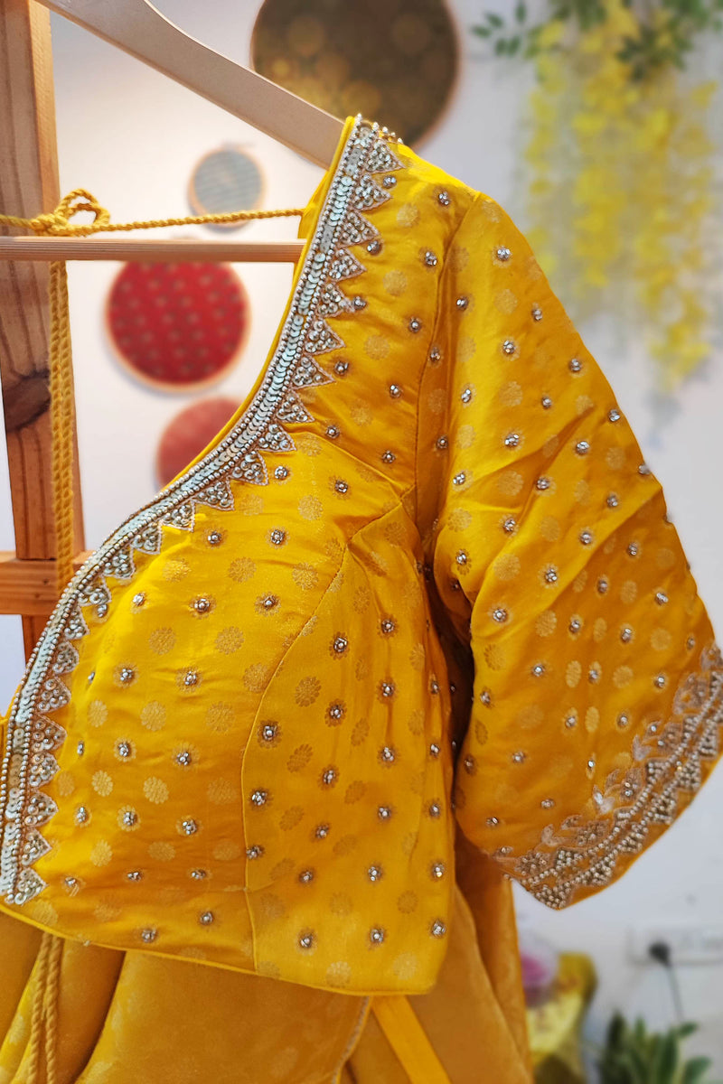 Amber Yellow Shimmer Georgette Saree With Handwork and Designer Padded Handwork Sweetheart Neck Blouse