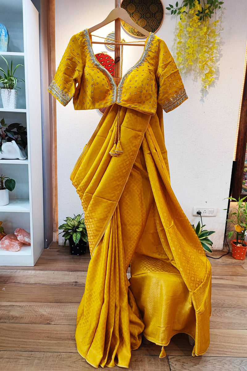 Amber Yellow Shimmer Georgette Saree With Handwork and Designer Padded Handwork Sweetheart Neck Blouse