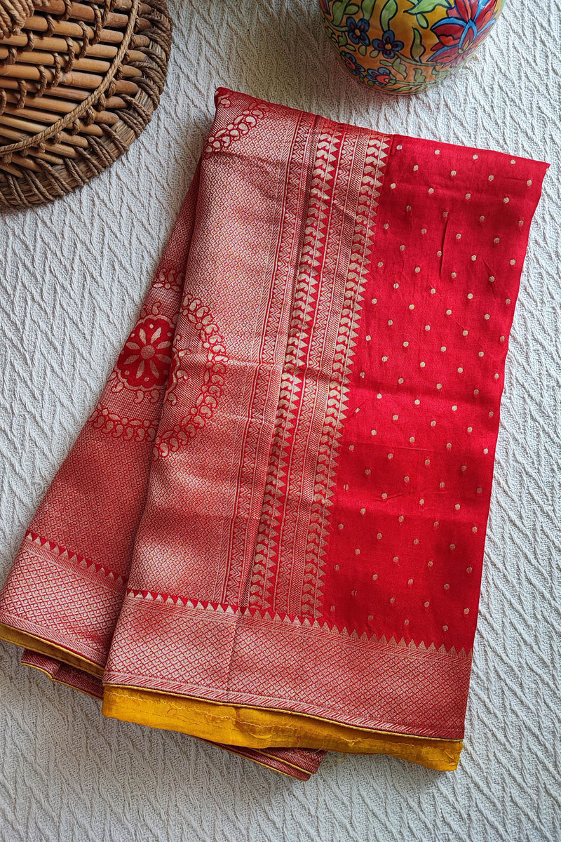 Candy Red Banarsi Dola Silk Full Jaal Weaving Saree