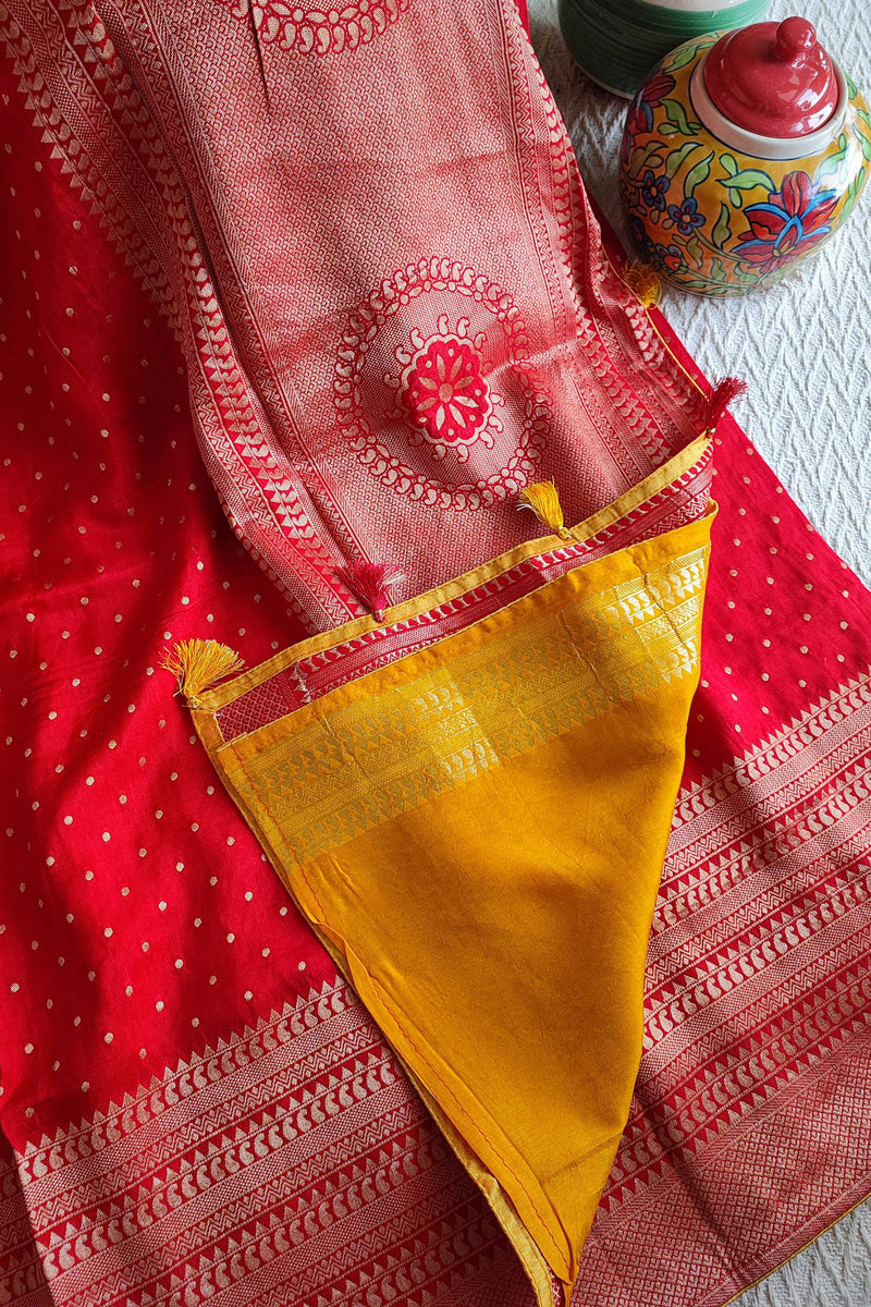 Candy Red Banarsi Dola Silk Full Jaal Weaving Saree