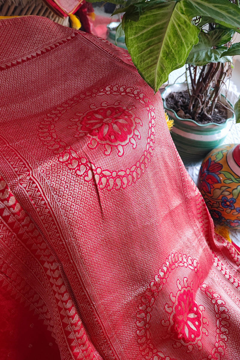 Candy Red Banarsi Dola Silk Full Jaal Weaving Saree