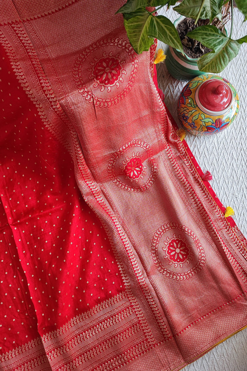 Candy Red Banarsi Dola Silk Full Jaal Weaving Saree