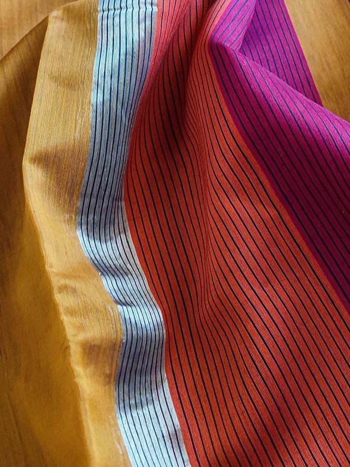 Ochre, Magenta & Orange Maheshwari Silk Suit With Cotton Bottom