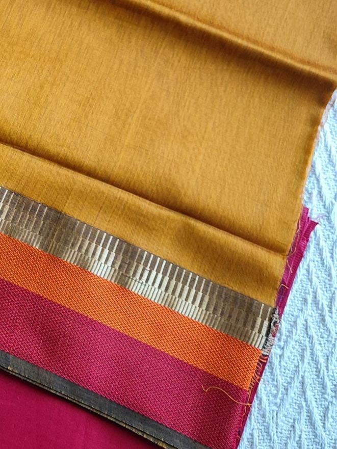 Ochre, Magenta & Orange Maheshwari Silk Suit With Cotton Bottom