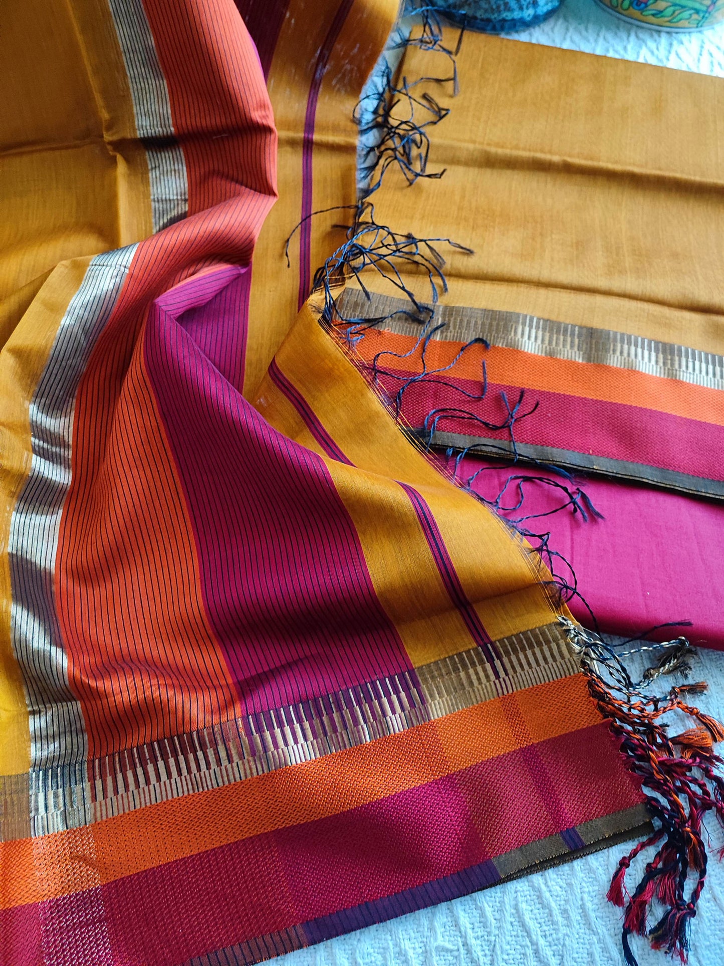 Ochre, Magenta & Orange Maheshwari Silk Suit With Cotton Bottom