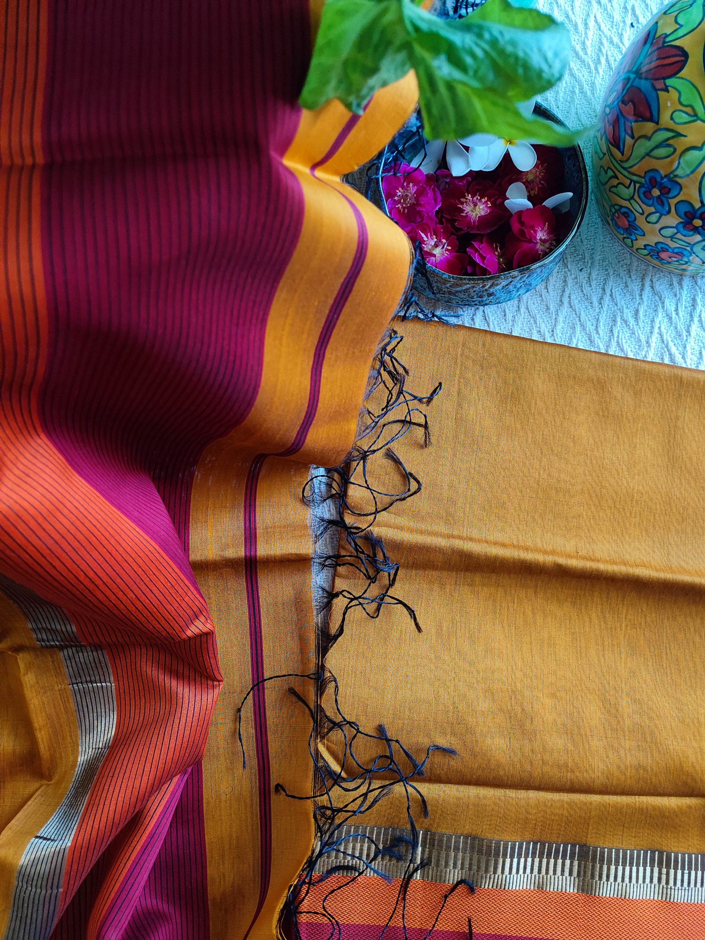 Ochre, Magenta & Orange Maheshwari Silk Suit With Cotton Bottom