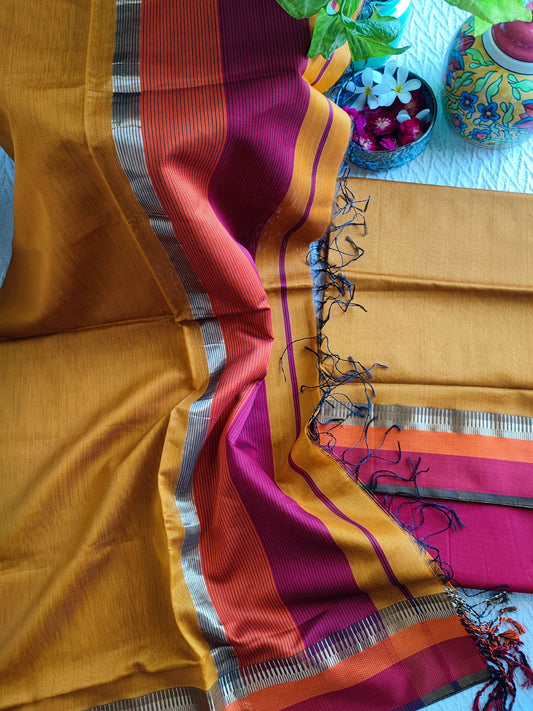 Ochre, Magenta & Orange Maheshwari Silk Suit With Cotton Bottom