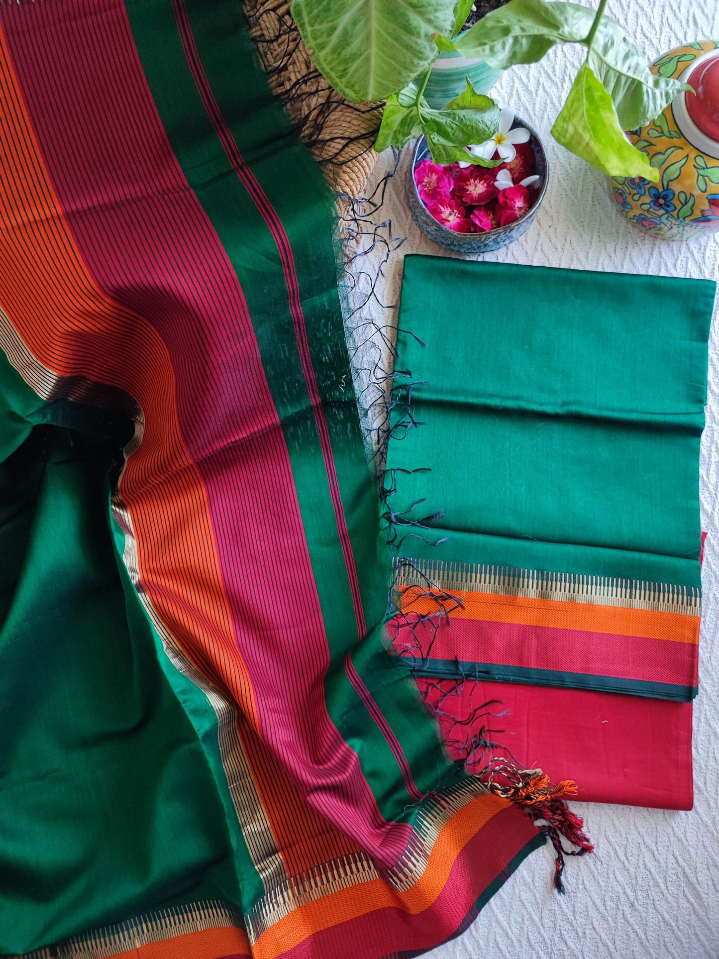 Castleton Green, Magenta & Orange Maheshwari Silk Suit With Cotton Bottom