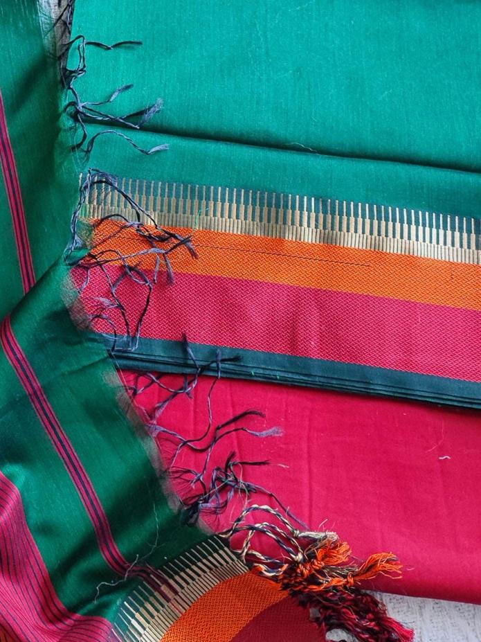 Castleton Green, Magenta & Orange Maheshwari Silk Suit With Cotton Bottom