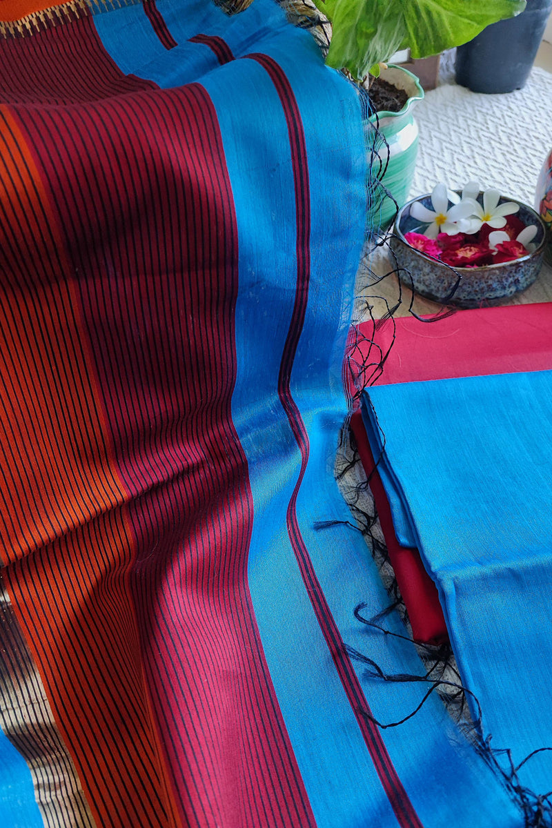 Azure Blue, Magenta & Orange Maheshwari Silk Suit With Cotton Bottom