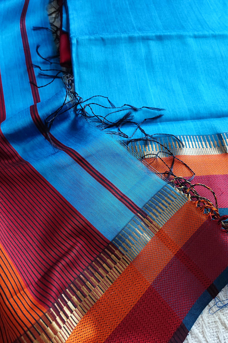 Azure Blue, Magenta & Orange Maheshwari Silk Suit With Cotton Bottom