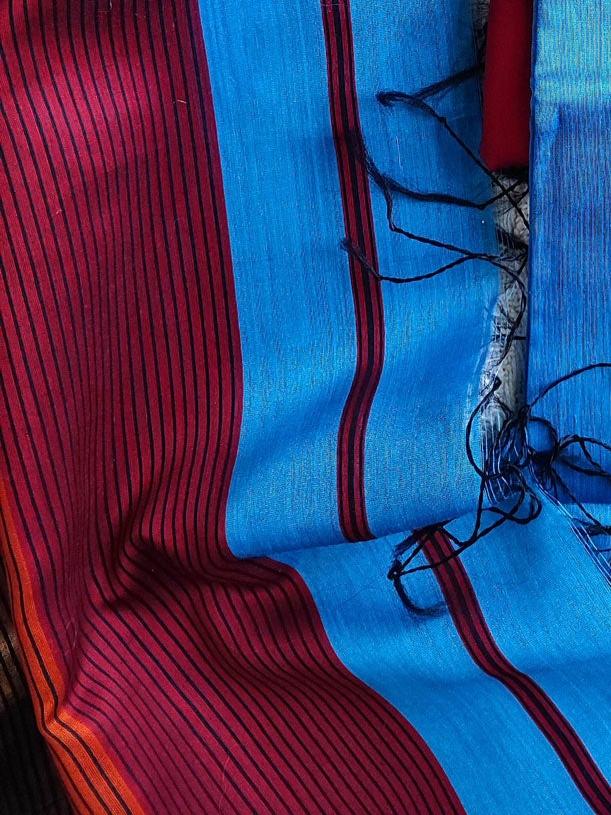 Azure Blue, Magenta & Orange Maheshwari Silk Suit With Cotton Bottom