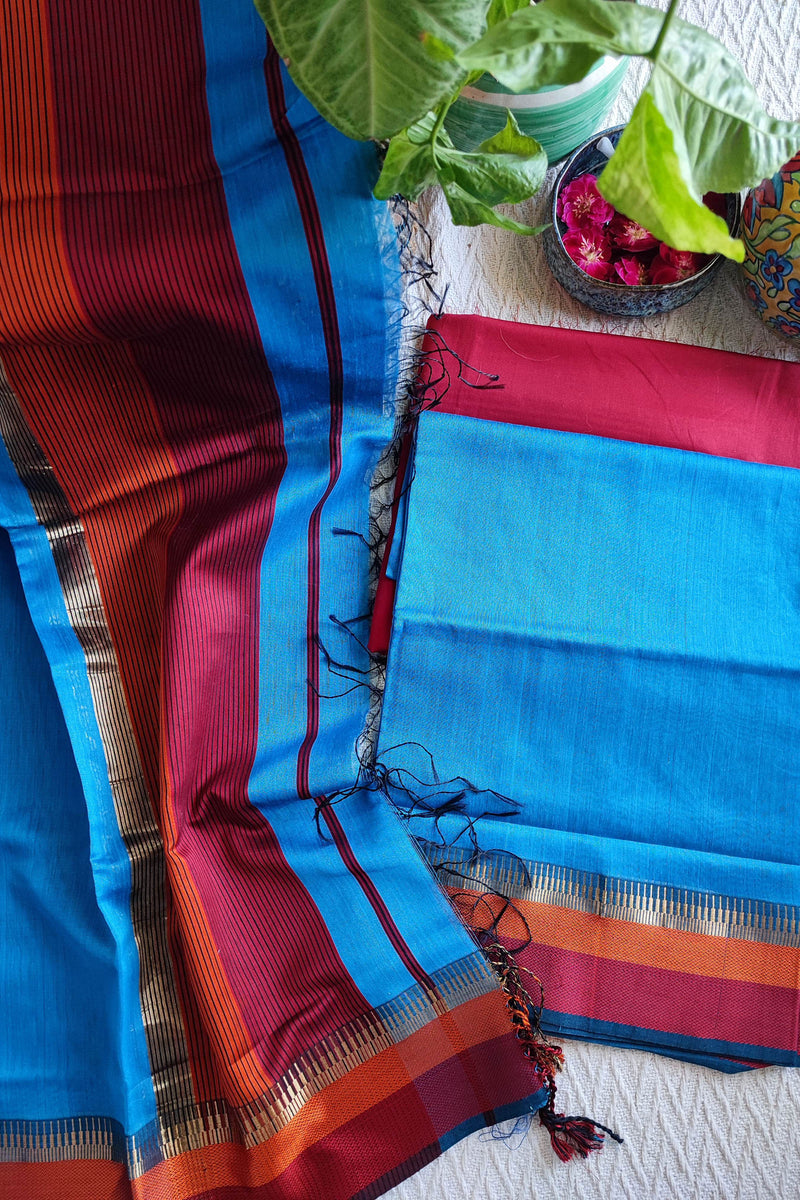 Azure Blue, Magenta & Orange Maheshwari Silk Suit With Cotton Bottom