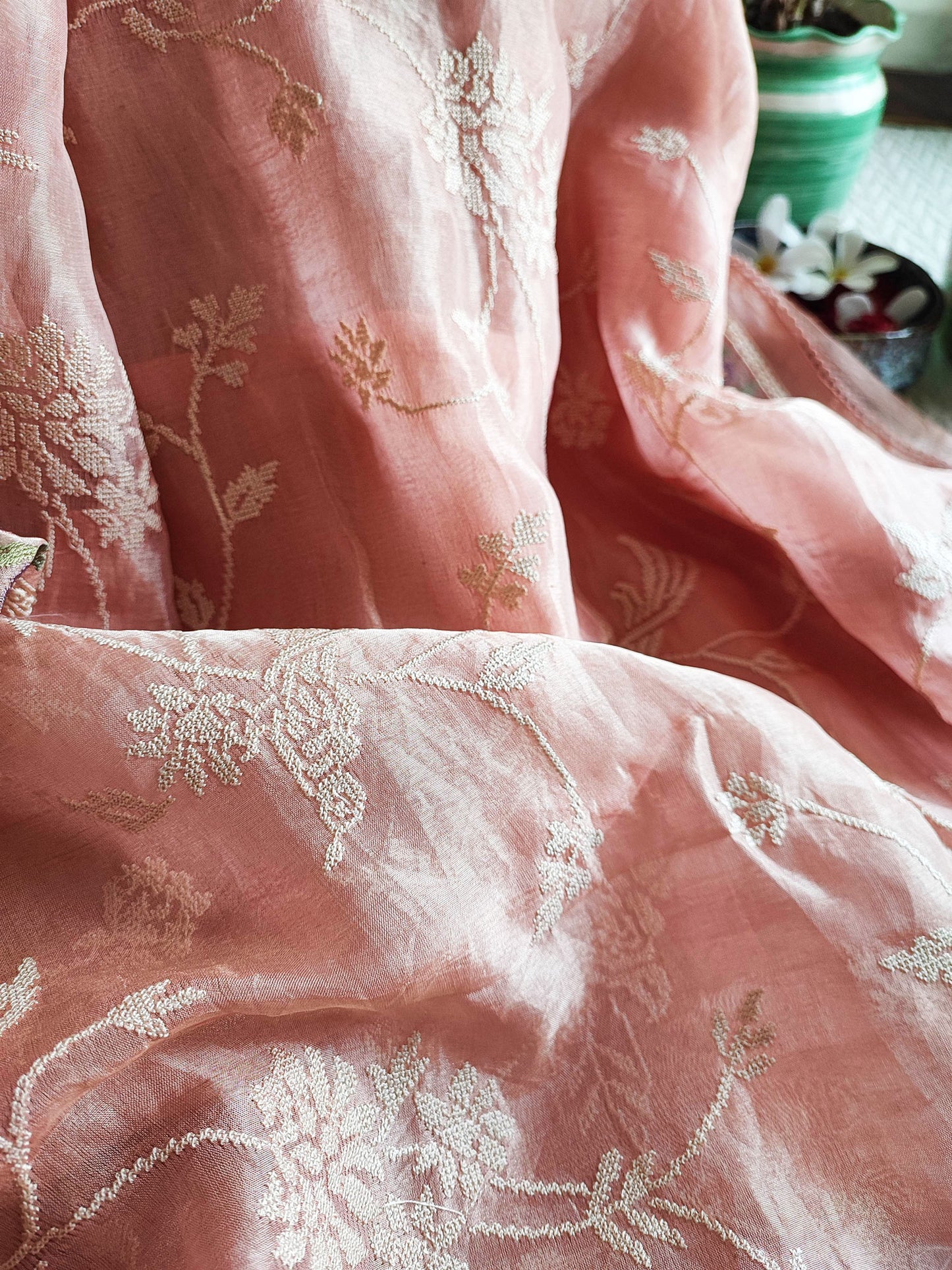 Peach Pink Pure Organza Saree with Cross Stitch Embroidery All Over With Running Blouse