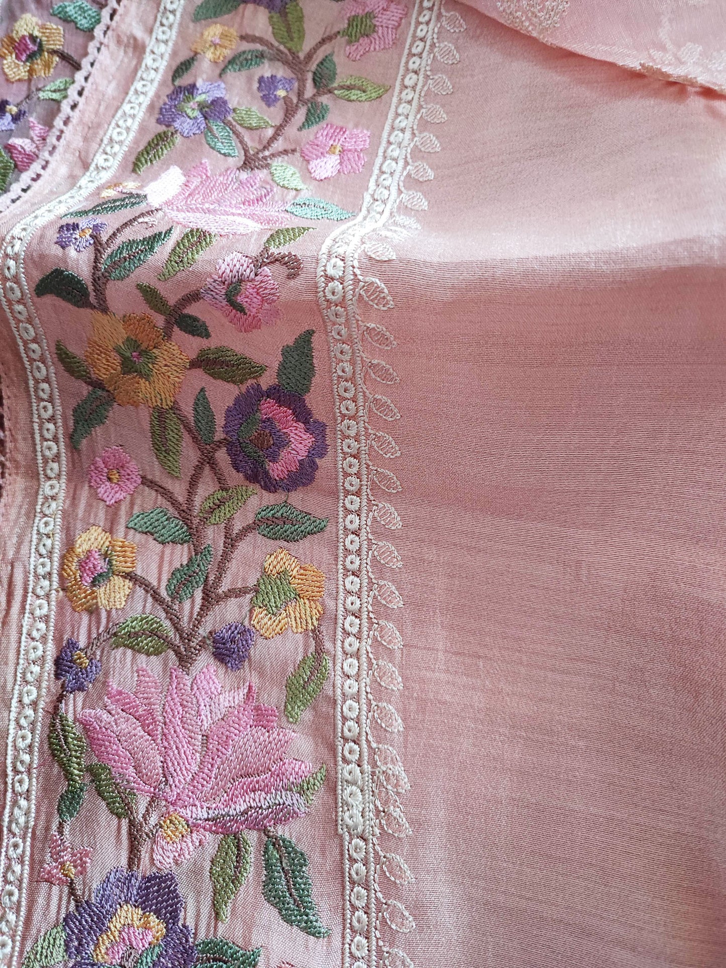 Peach Pink Pure Organza Saree with Cross Stitch Embroidery All Over With Running Blouse