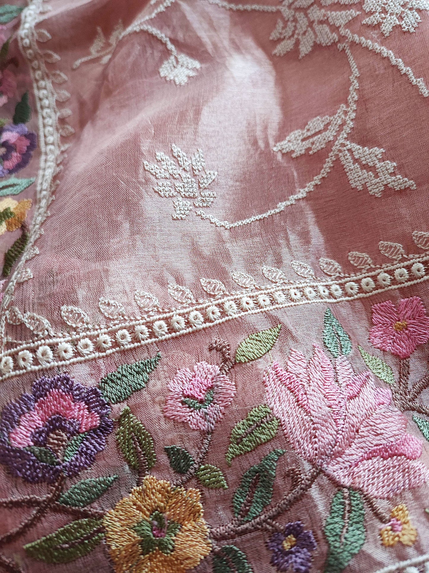Peach Pink Pure Organza Saree with Cross Stitch Embroidery All Over With Running Blouse