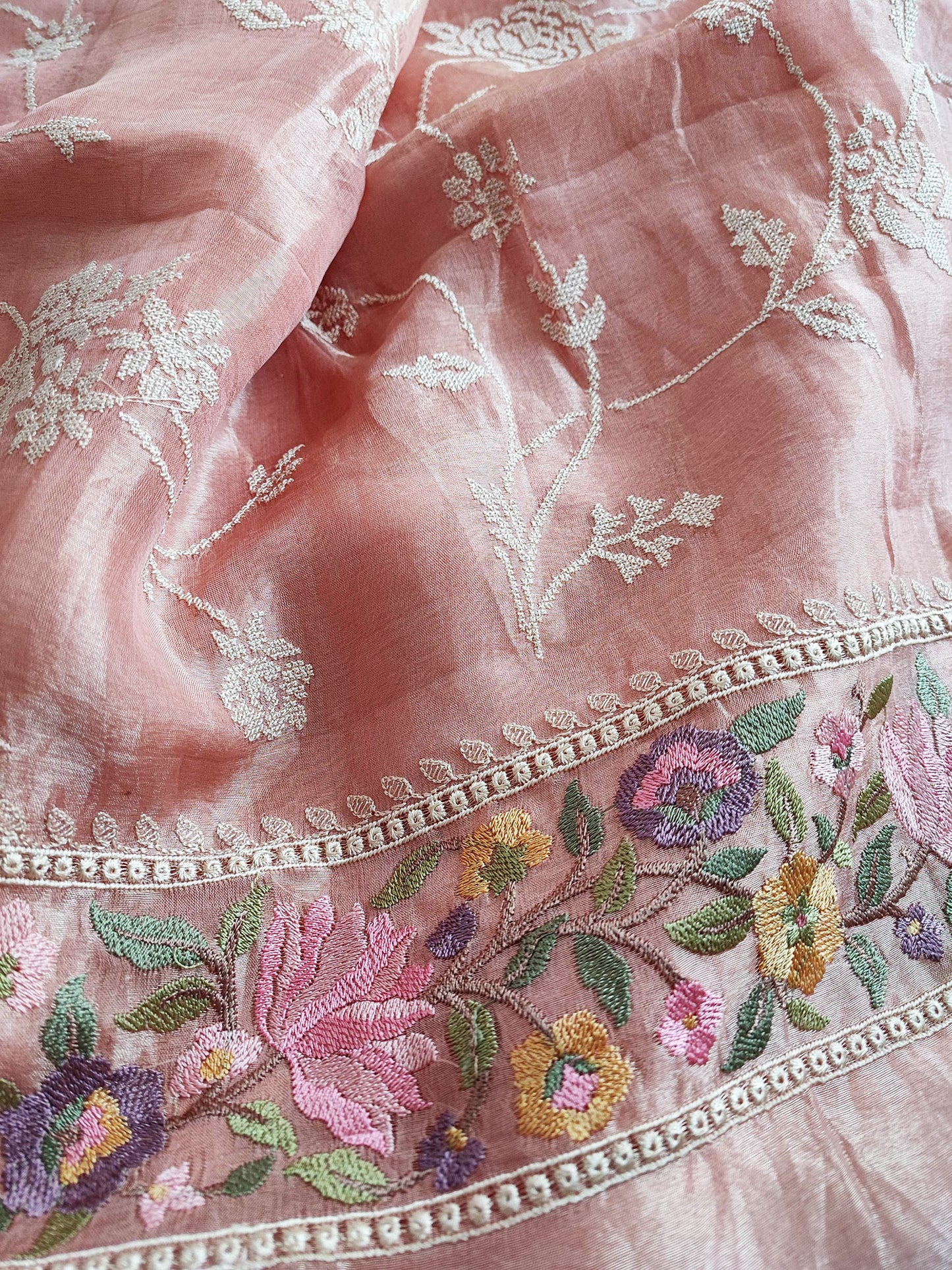 Peach Pink Pure Organza Saree with Cross Stitch Embroidery All Over With Running Blouse