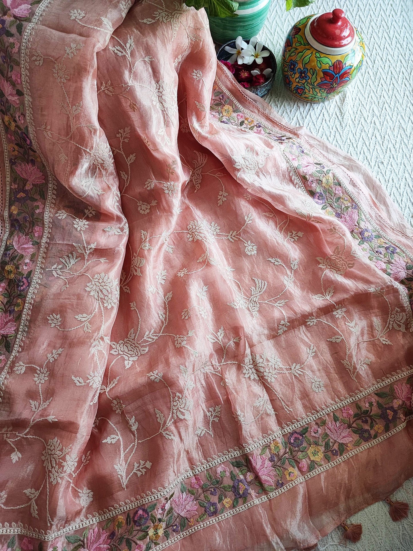 Peach Pink Pure Organza Saree with Cross Stitch Embroidery All Over With Running Blouse