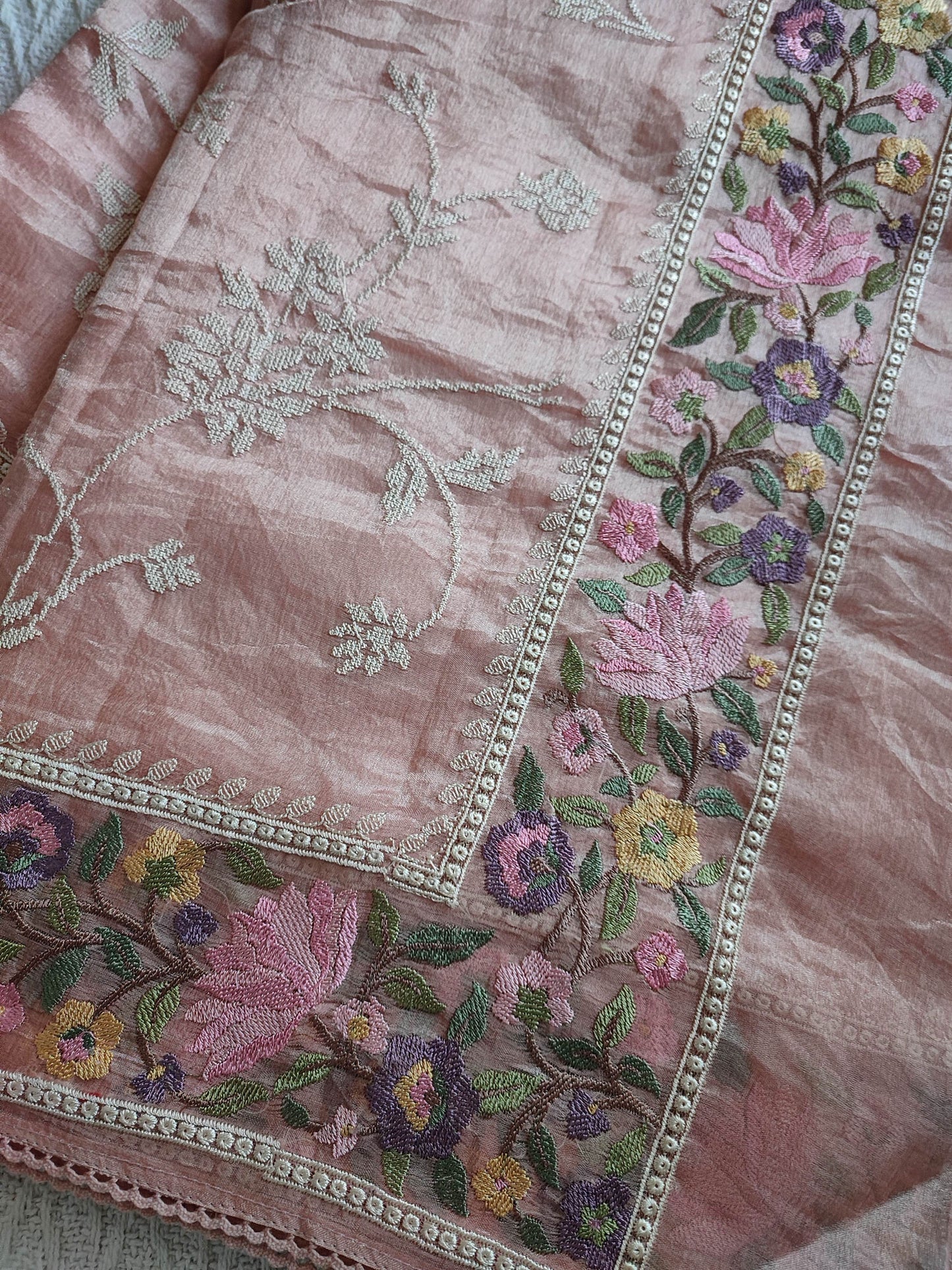 Peach Pink Pure Organza Saree with Cross Stitch Embroidery All Over With Running Blouse