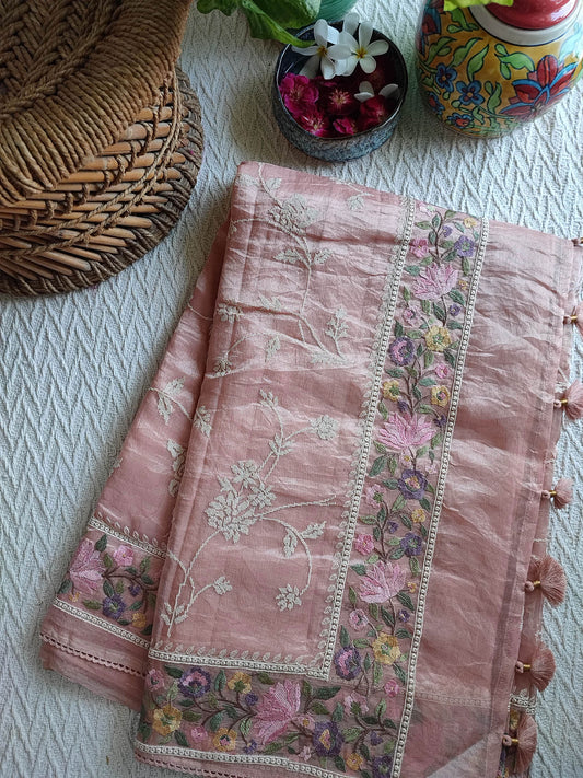 Peach Pink Pure Organza Saree with Cross Stitch Embroidery All Over With Running Blouse