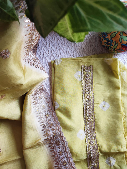Lemon Yellow Georgette Tissue Suit with Handwork & Georgette Tissue Dupatta