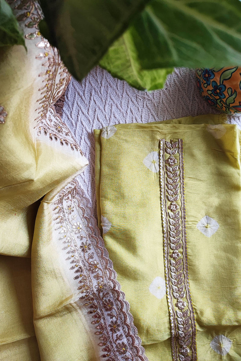 Lemon Yellow Georgette Tissue Suit with Handwork & Georgette Tissue Dupatta