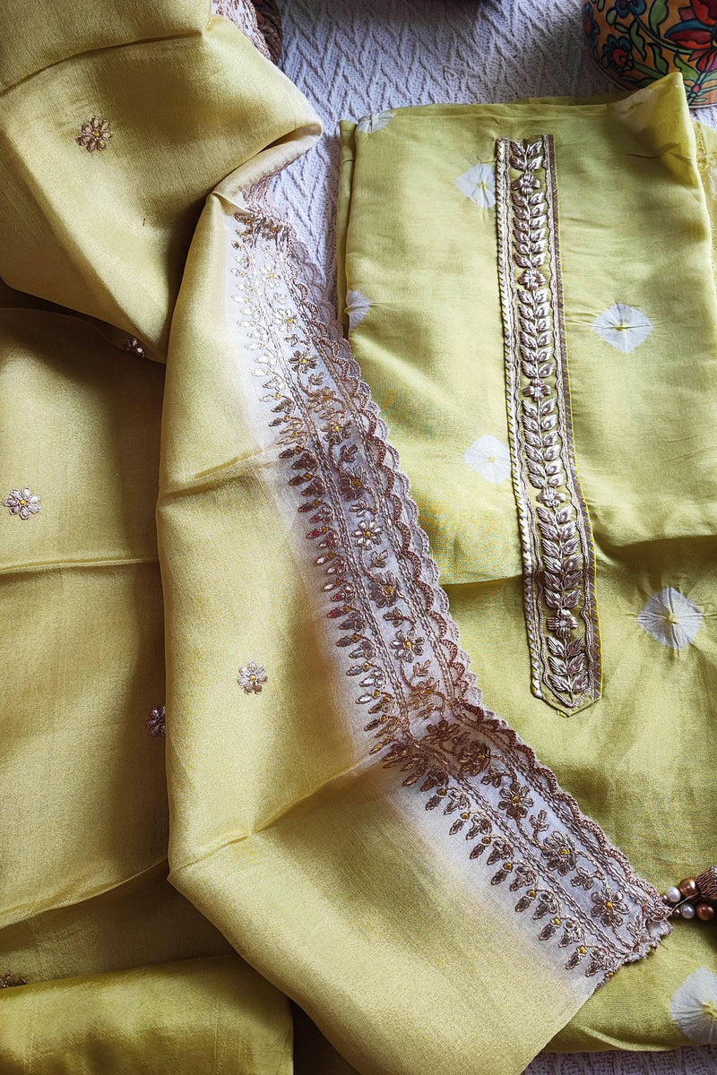 Lemon Yellow Georgette Tissue Suit with Handwork & Georgette Tissue Dupatta