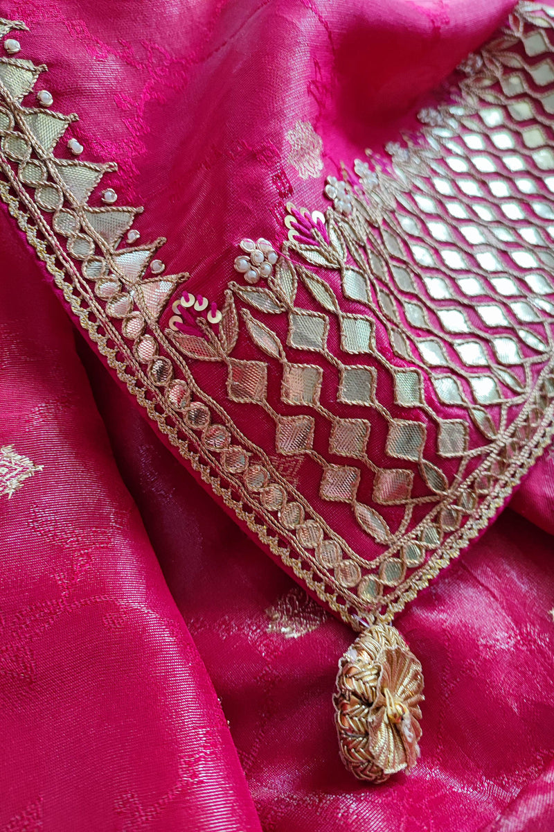 Hot Pink Georgette Shimmer Saree with Heavy Gota Work