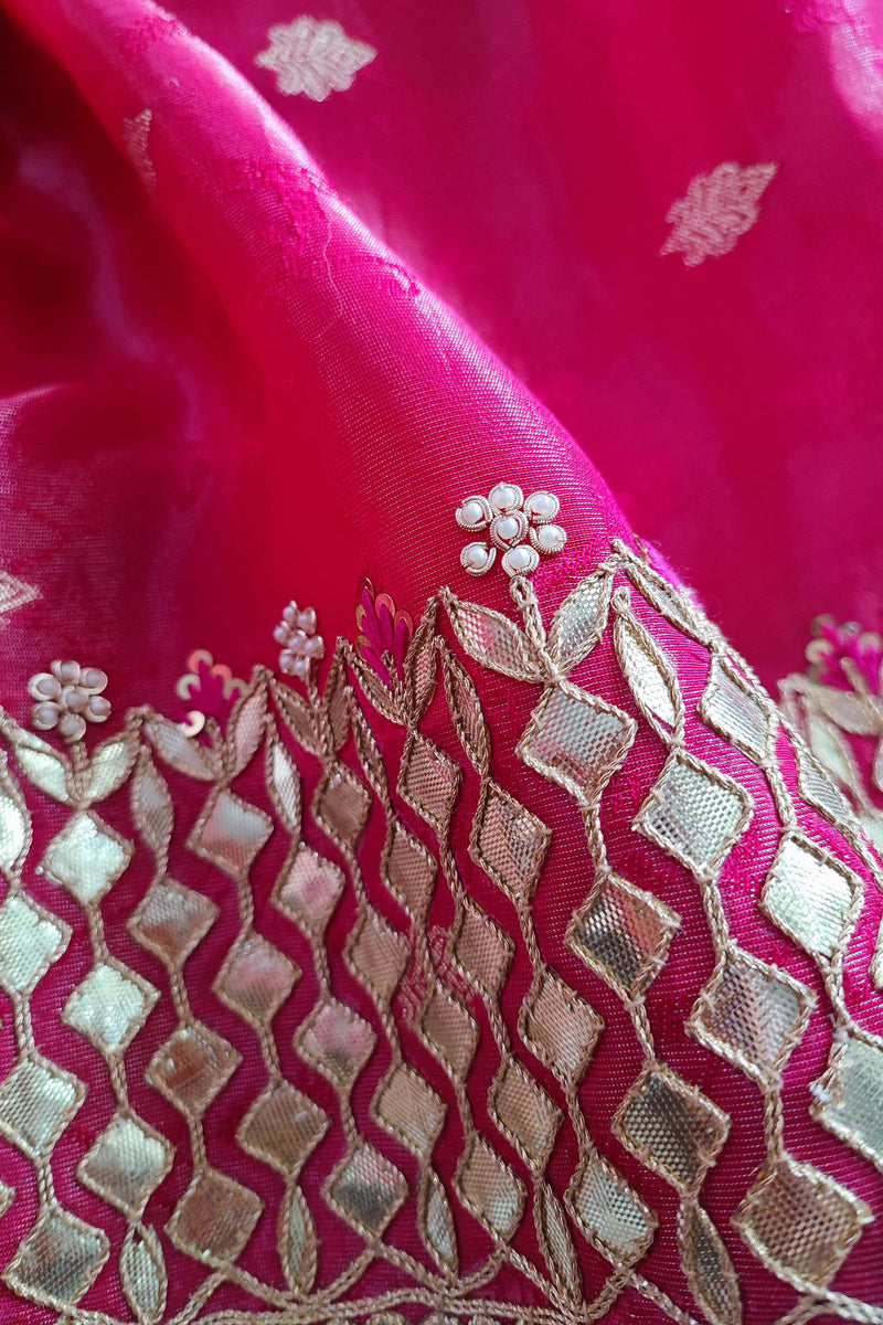 Hot Pink Georgette Shimmer Saree with Heavy Gota Work