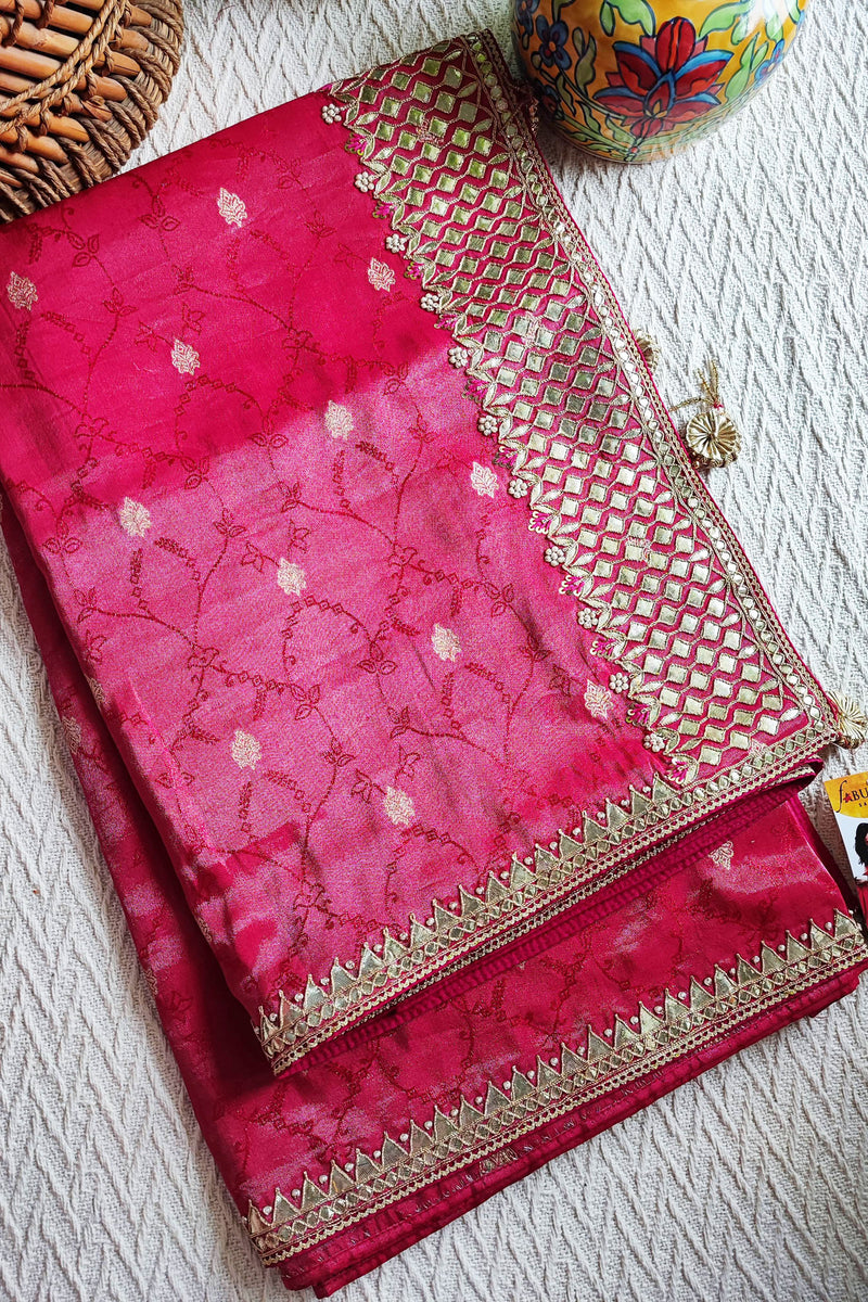 Hot Pink Georgette Shimmer Saree with Heavy Gota Work