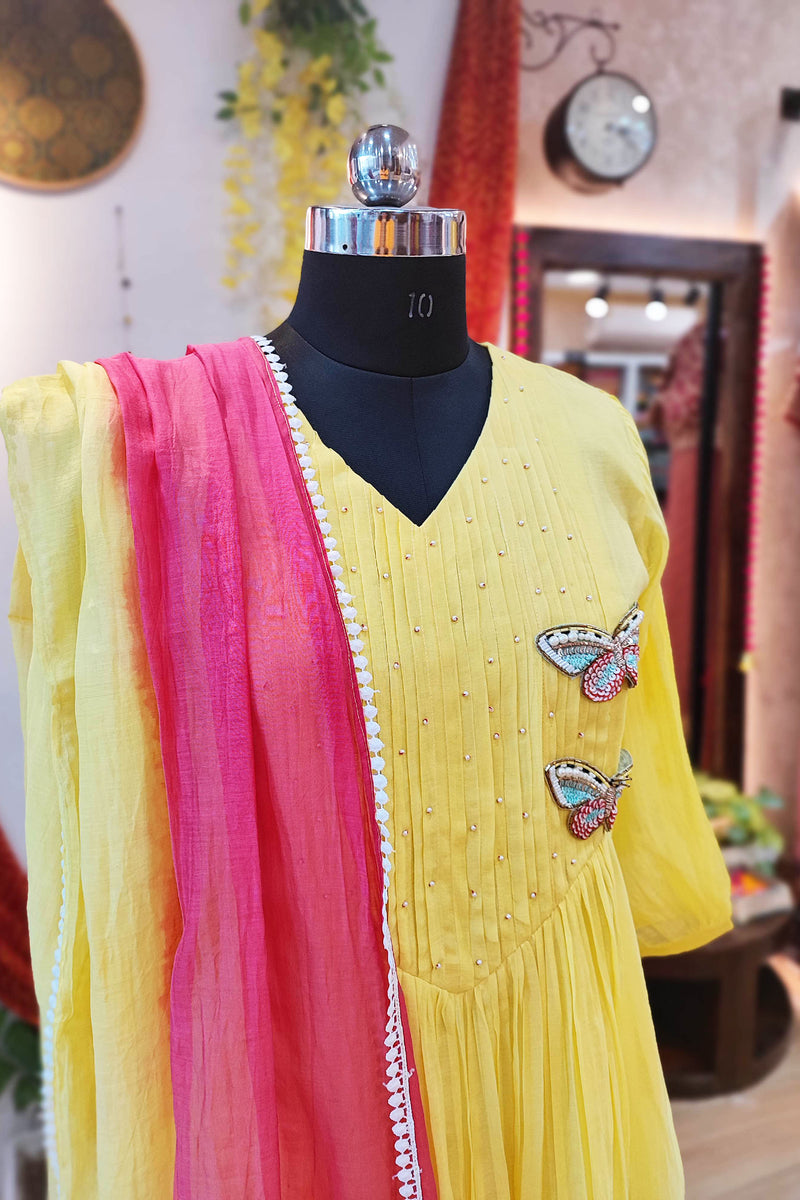 Light Yellow Mul Chanderi Suit With Handwork Butterfly Design & Magenta Dupatta