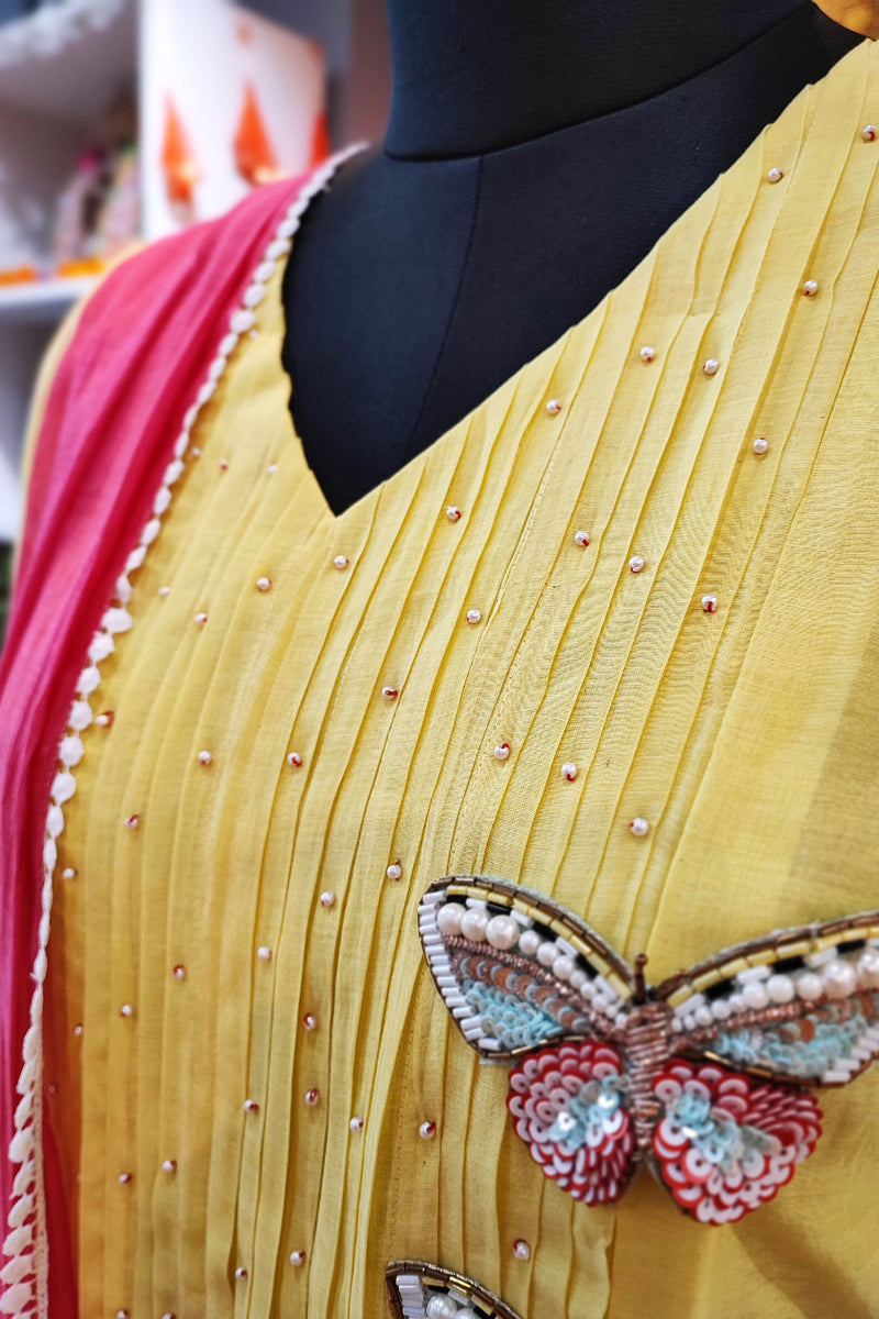 Light Yellow Mul Chanderi Suit With Handwork Butterfly Design & Magenta Dupatta