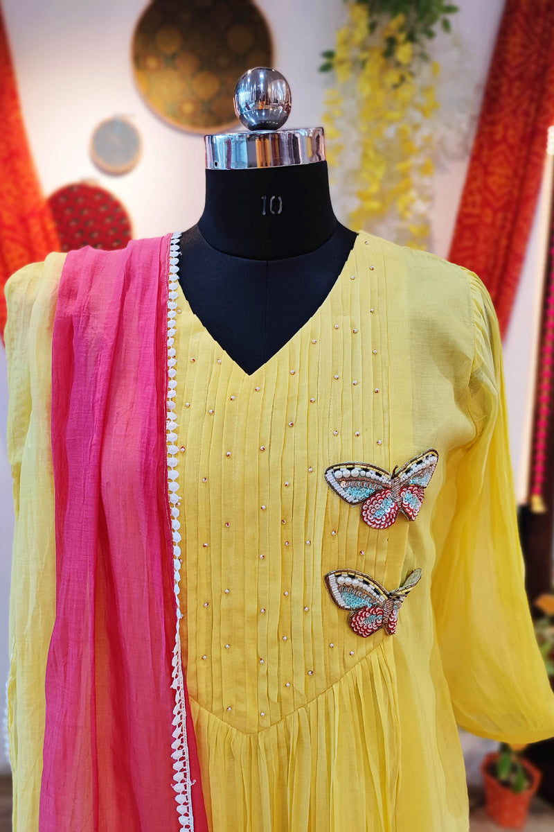 Light Yellow Mul Chanderi Suit With Handwork Butterfly Design & Magenta Dupatta