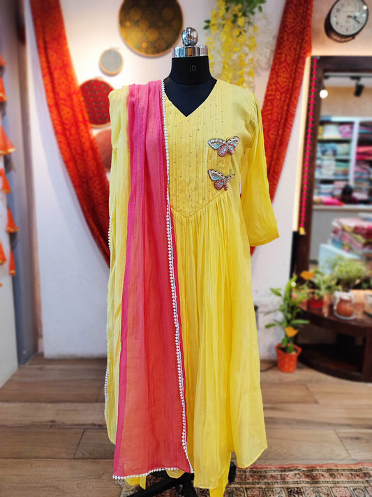 Light Yellow Mul Chanderi Suit With Handwork Butterfly Design & Magenta Dupatta