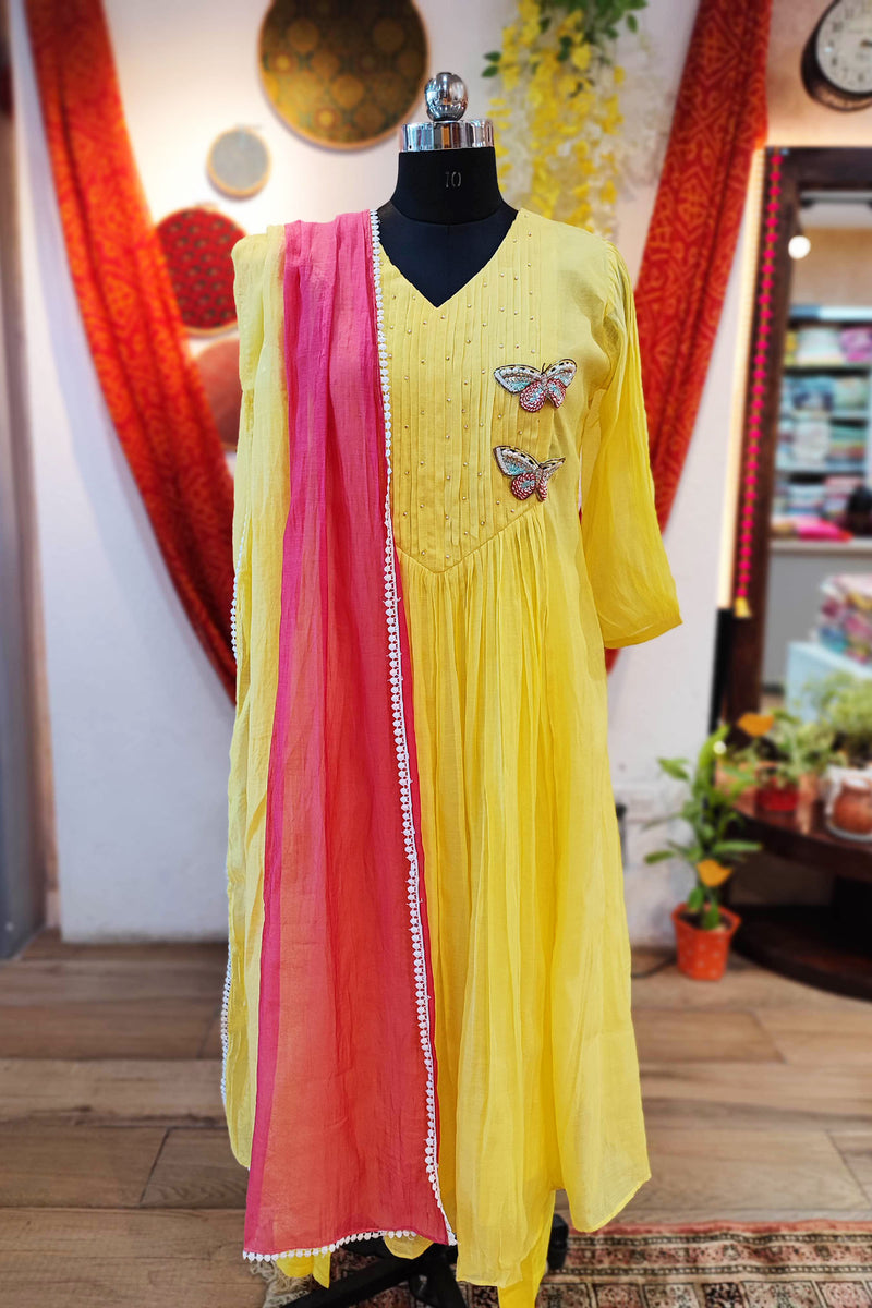 Light Yellow Mul Chanderi Suit With Handwork Butterfly Design & Magenta Dupatta