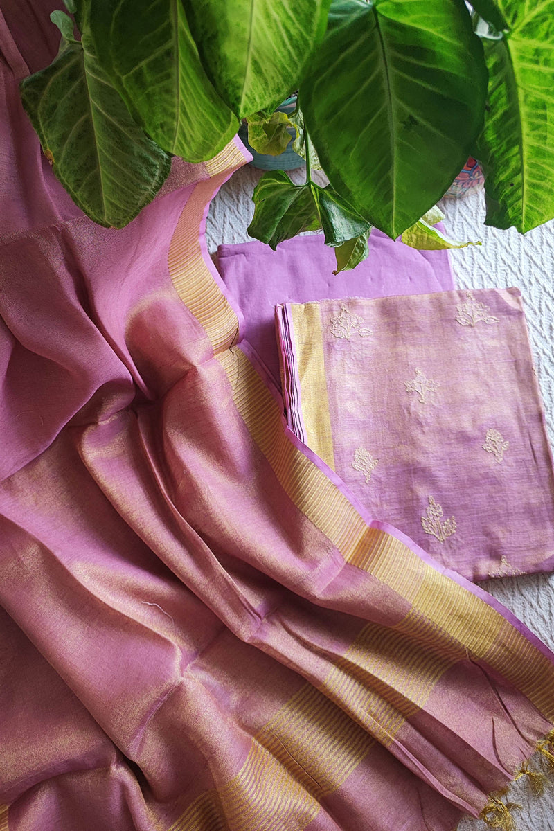 Pink & Lavender Handloom Soft Tissue Linen Suit With Resham Embroided Shirt & Zari Border Dupatta