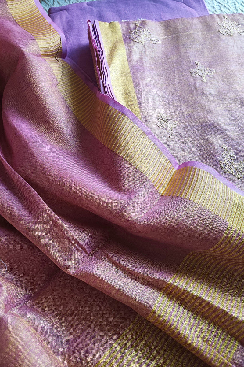 Pink & Lavender Handloom Soft Tissue Linen Suit With Resham Embroided Shirt & Zari Border Dupatta