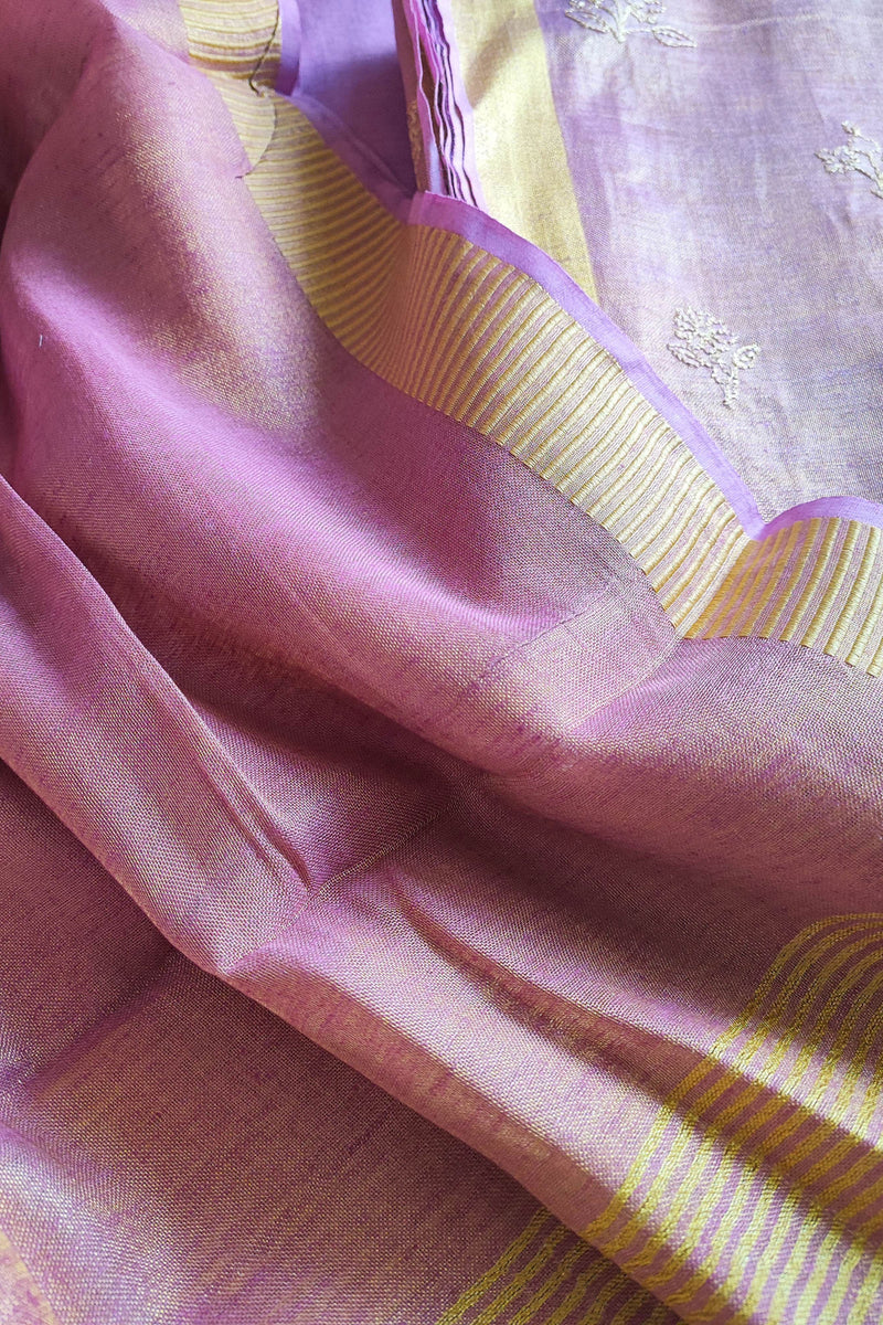 Pink & Lavender Handloom Soft Tissue Linen Suit With Resham Embroided Shirt & Zari Border Dupatta