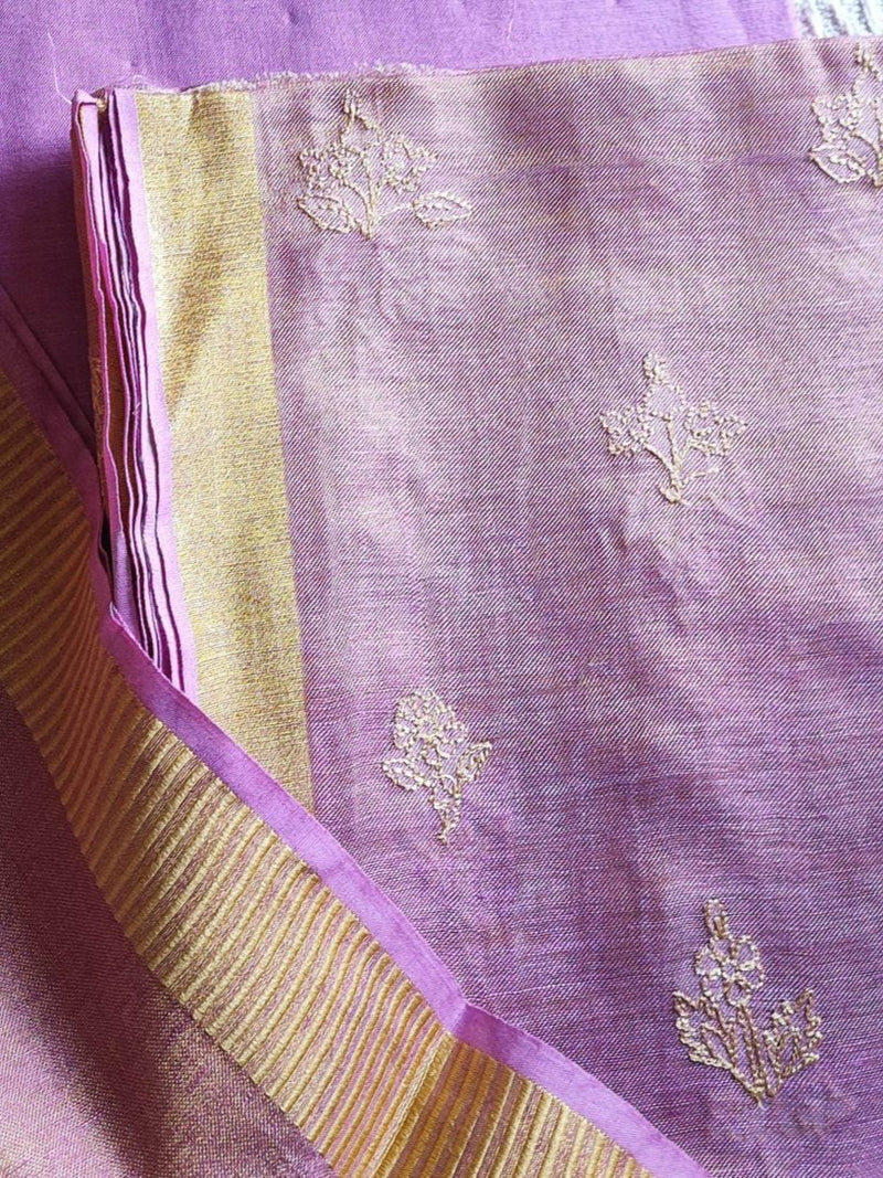 Pink & Lavender Handloom Soft Tissue Linen Suit With Resham Embroided Shirt & Zari Border Dupatta