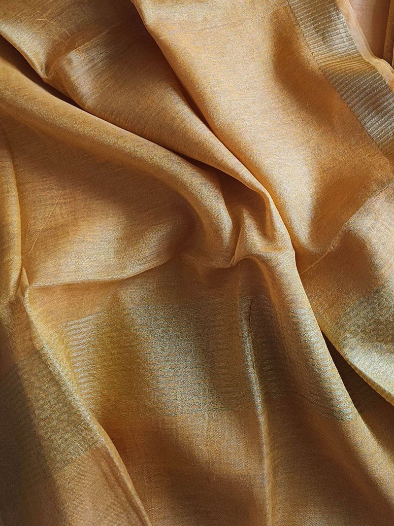 Mustard Handloom Soft Tissue Linen Suit With Resham Embroided Shirt & Zari Border Dupatta