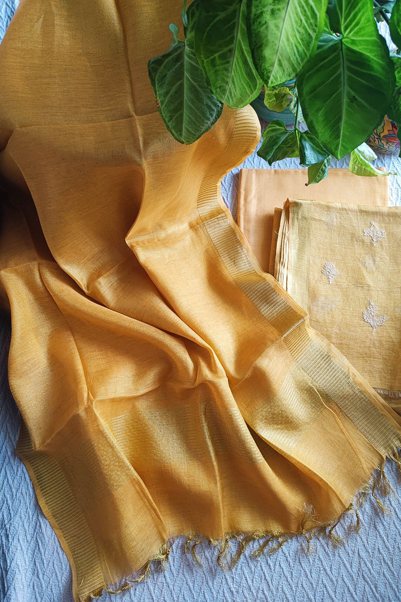 Mustard Handloom Soft Tissue Linen Suit With Resham Embroided Shirt & Zari Border Dupatta