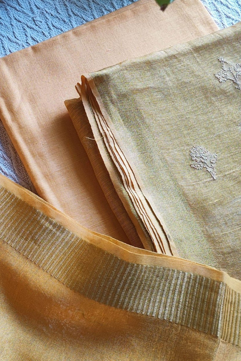 Mustard Handloom Soft Tissue Linen Suit With Resham Embroided Shirt & Zari Border Dupatta