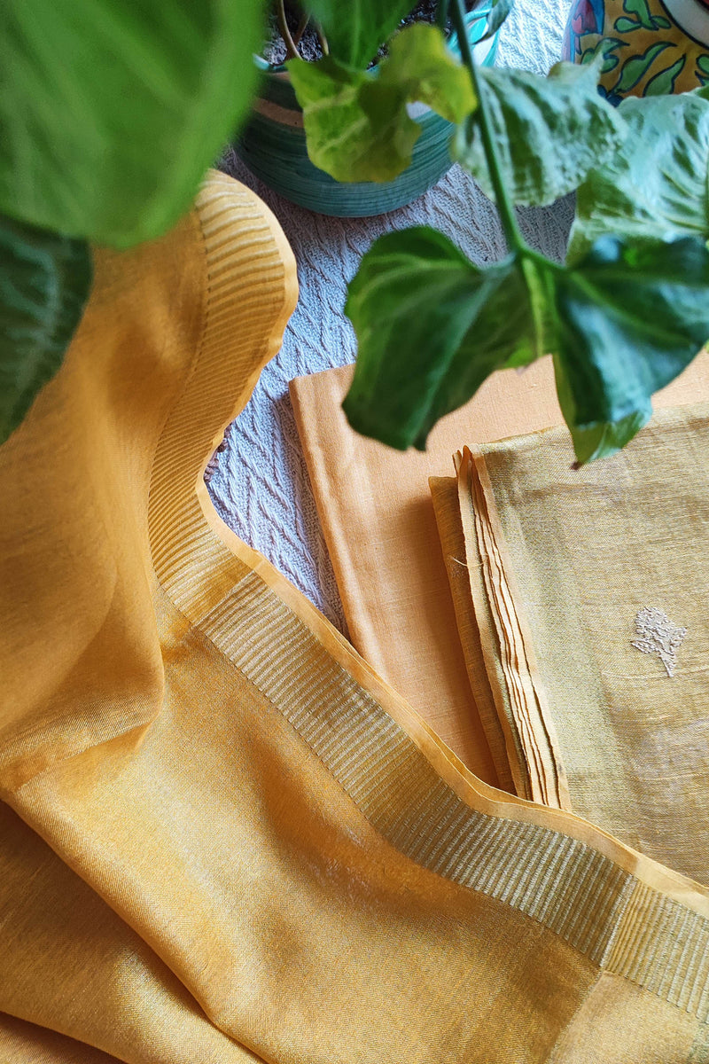 Mustard Handloom Soft Tissue Linen Suit With Resham Embroided Shirt & Zari Border Dupatta