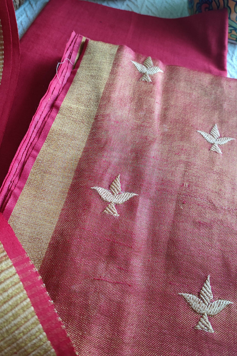 Hot Pink Handloom Soft Tissue Linen Suit With Resham Embroided Shirt & Zari Border Dupatta