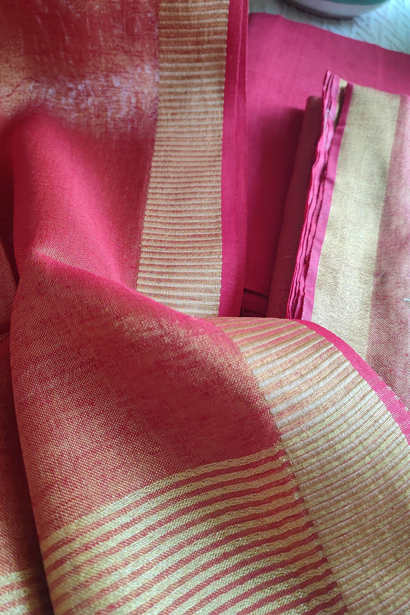 Hot Pink Handloom Soft Tissue Linen Suit With Resham Embroided Shirt & Zari Border Dupatta