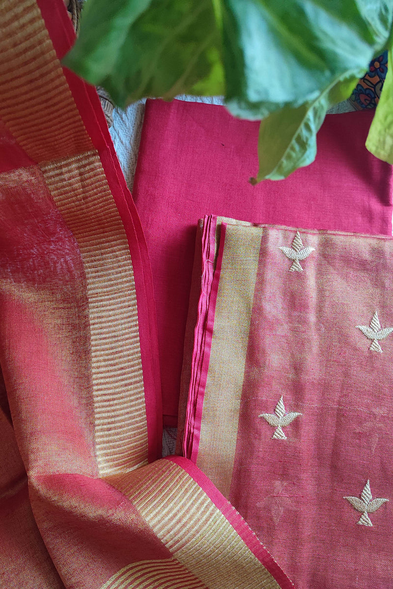 Hot Pink Handloom Soft Tissue Linen Suit With Resham Embroided Shirt & Zari Border Dupatta