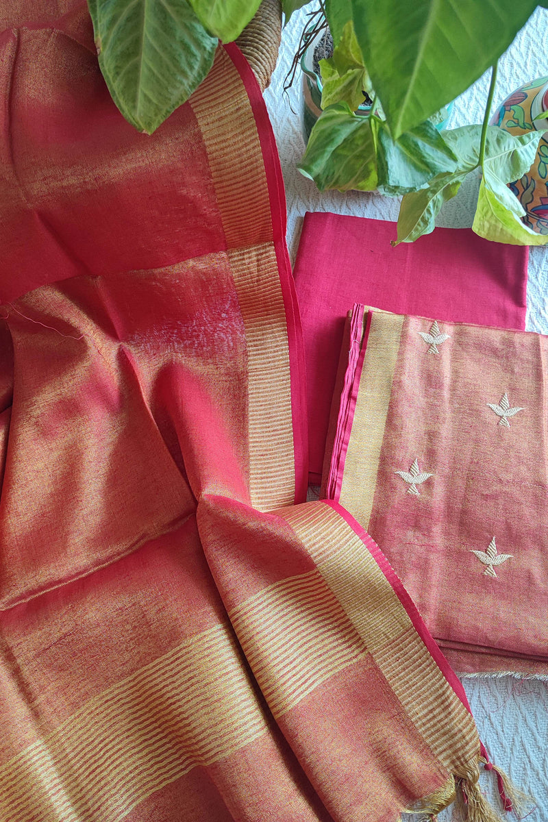 Hot Pink Handloom Soft Tissue Linen Suit With Resham Embroided Shirt & Zari Border Dupatta
