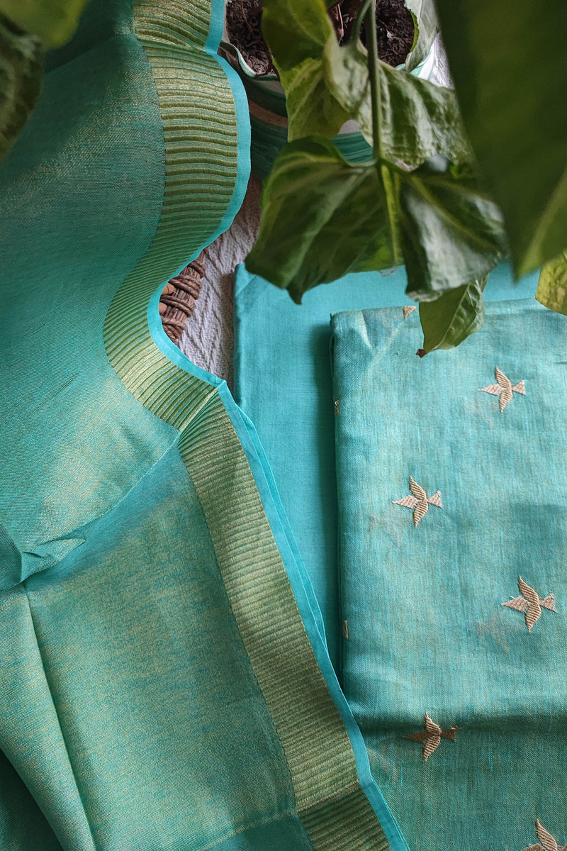 Firozi Handloom Soft Tissue Linen Suit With Resham Embroided Shirt & Zari Border Dupatta (Copy)